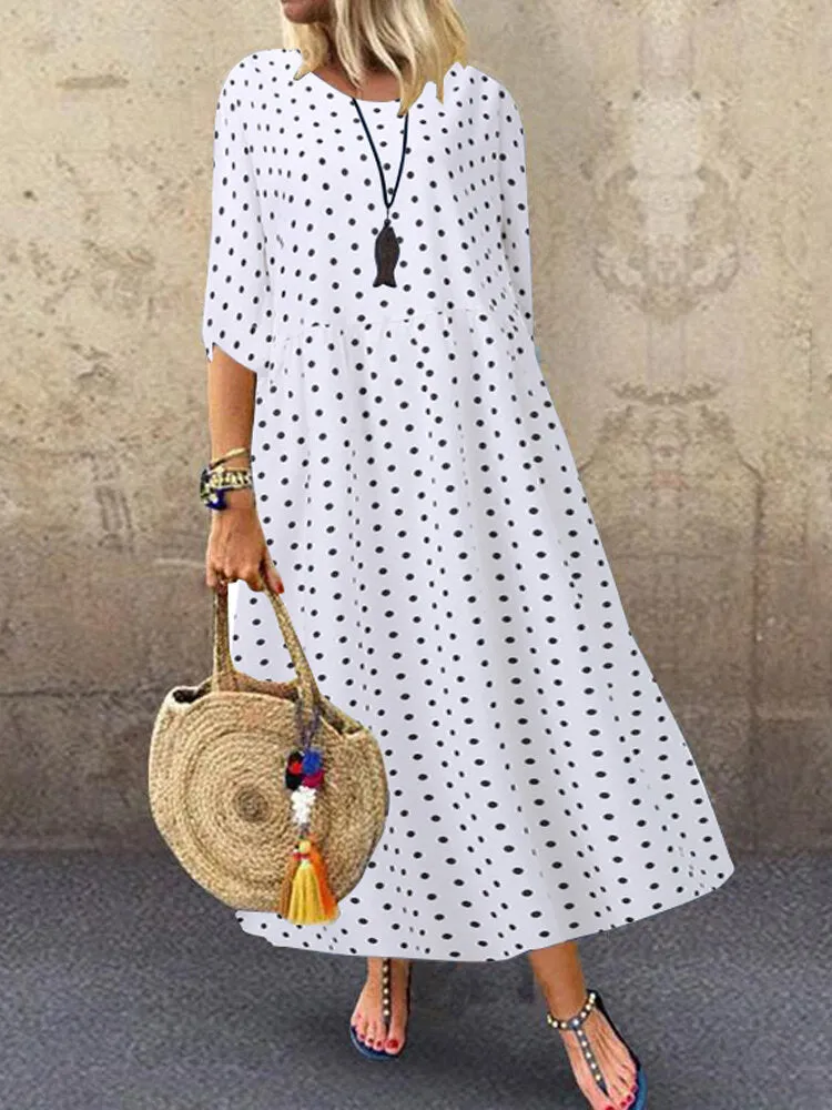 Loose O-neck Polka Dot 3/4 Sleeve Women Maxi Dress