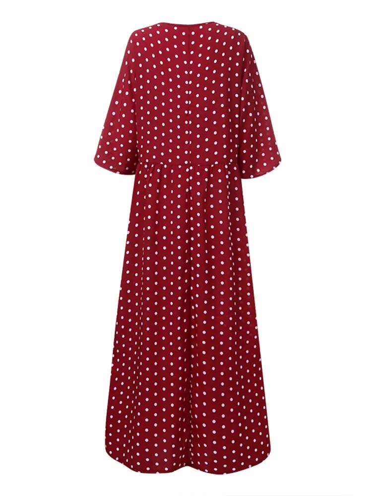 Loose O-neck Polka Dot 3/4 Sleeve Women Maxi Dress