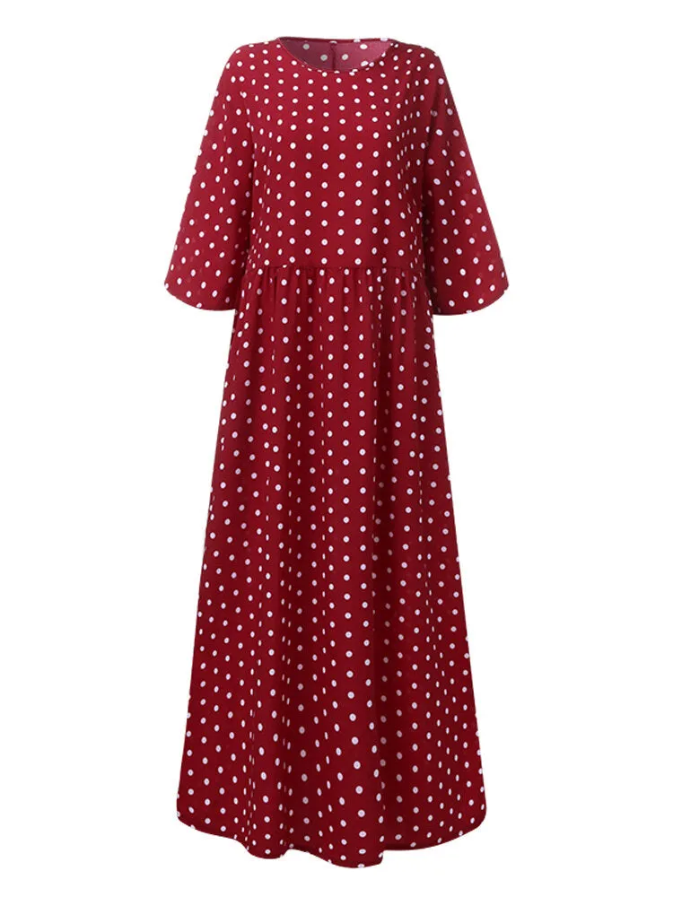 Loose O-neck Polka Dot 3/4 Sleeve Women Maxi Dress