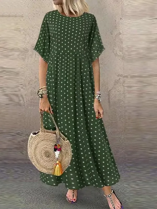 Loose O-neck Polka Dot 3/4 Sleeve Women Maxi Dress