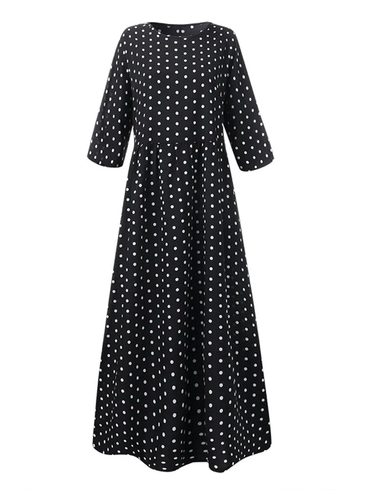 Loose O-neck Polka Dot 3/4 Sleeve Women Maxi Dress