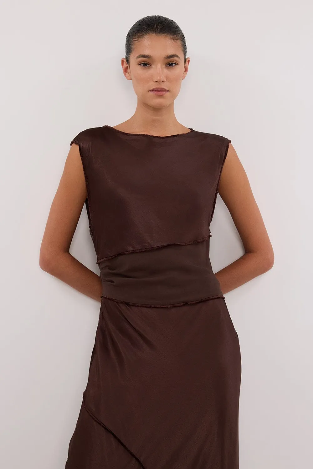 MONICA BITTER CHOCOLATE SATIN MIDI DRESS