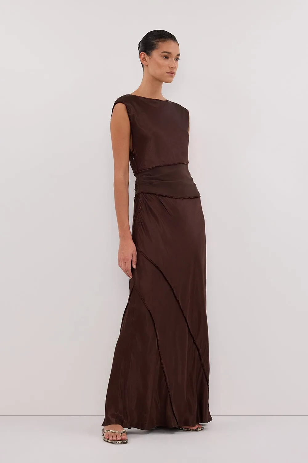 MONICA BITTER CHOCOLATE SATIN MIDI DRESS
