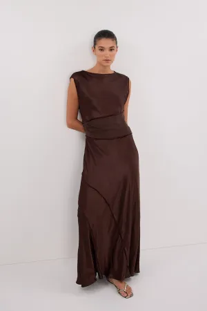 MONICA BITTER CHOCOLATE SATIN MIDI DRESS