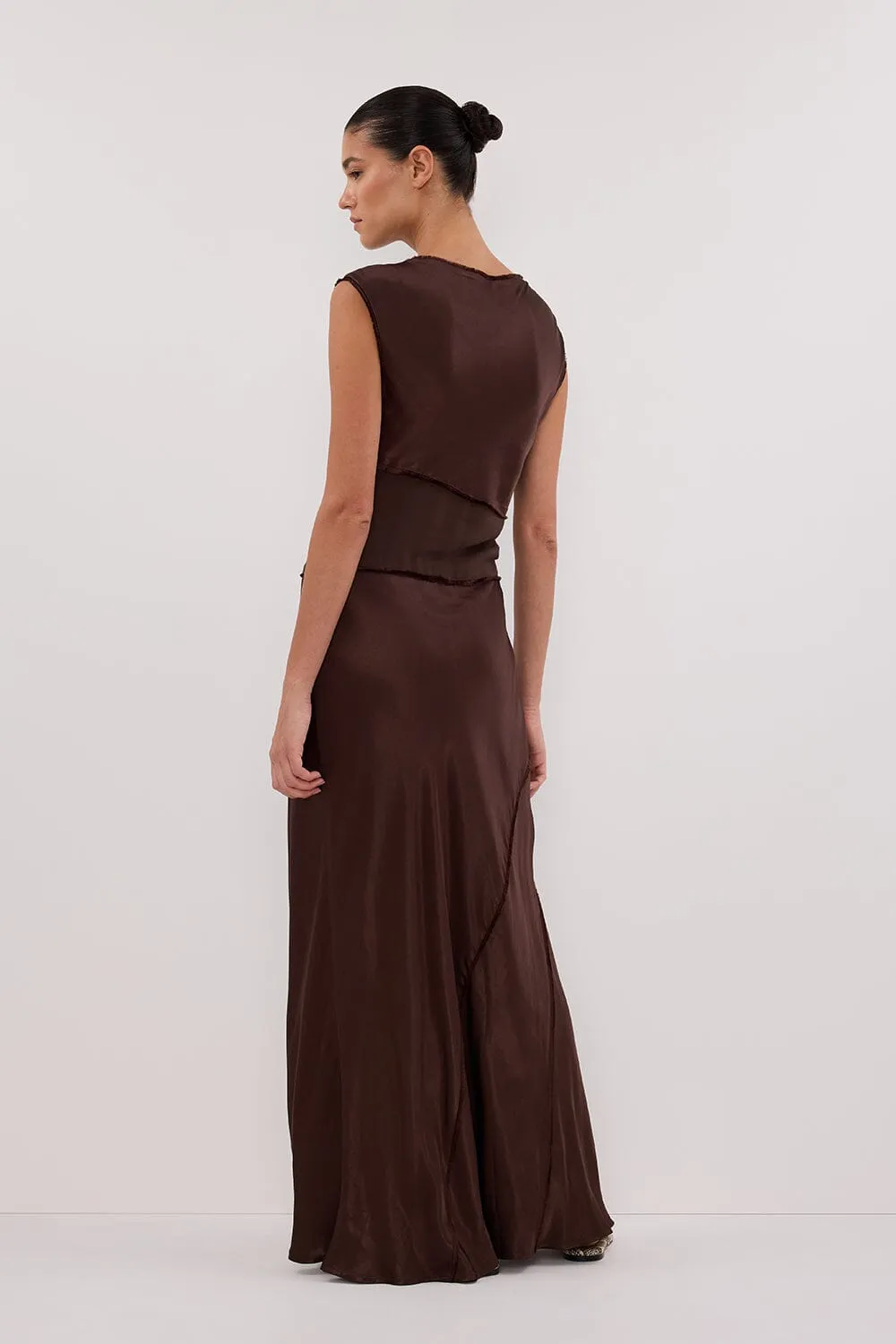 MONICA BITTER CHOCOLATE SATIN MIDI DRESS