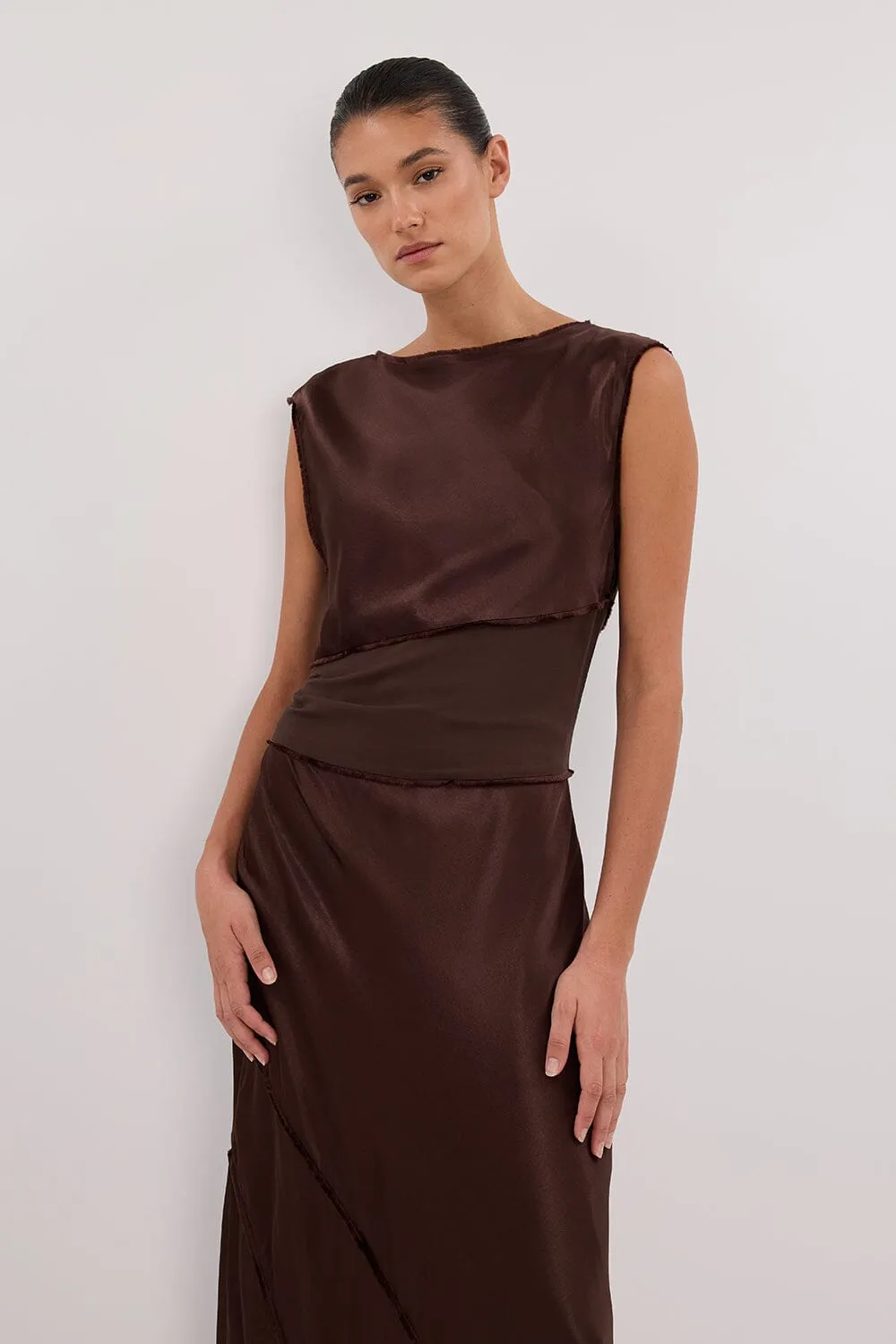 MONICA BITTER CHOCOLATE SATIN MIDI DRESS