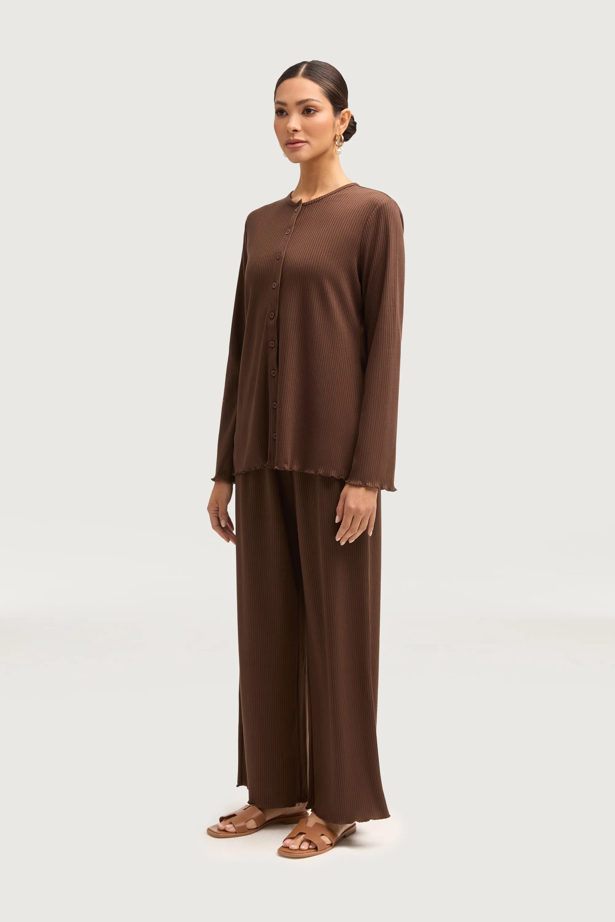 Naeema Ribbed Button Down Top & Pants Matching Set - Truffle