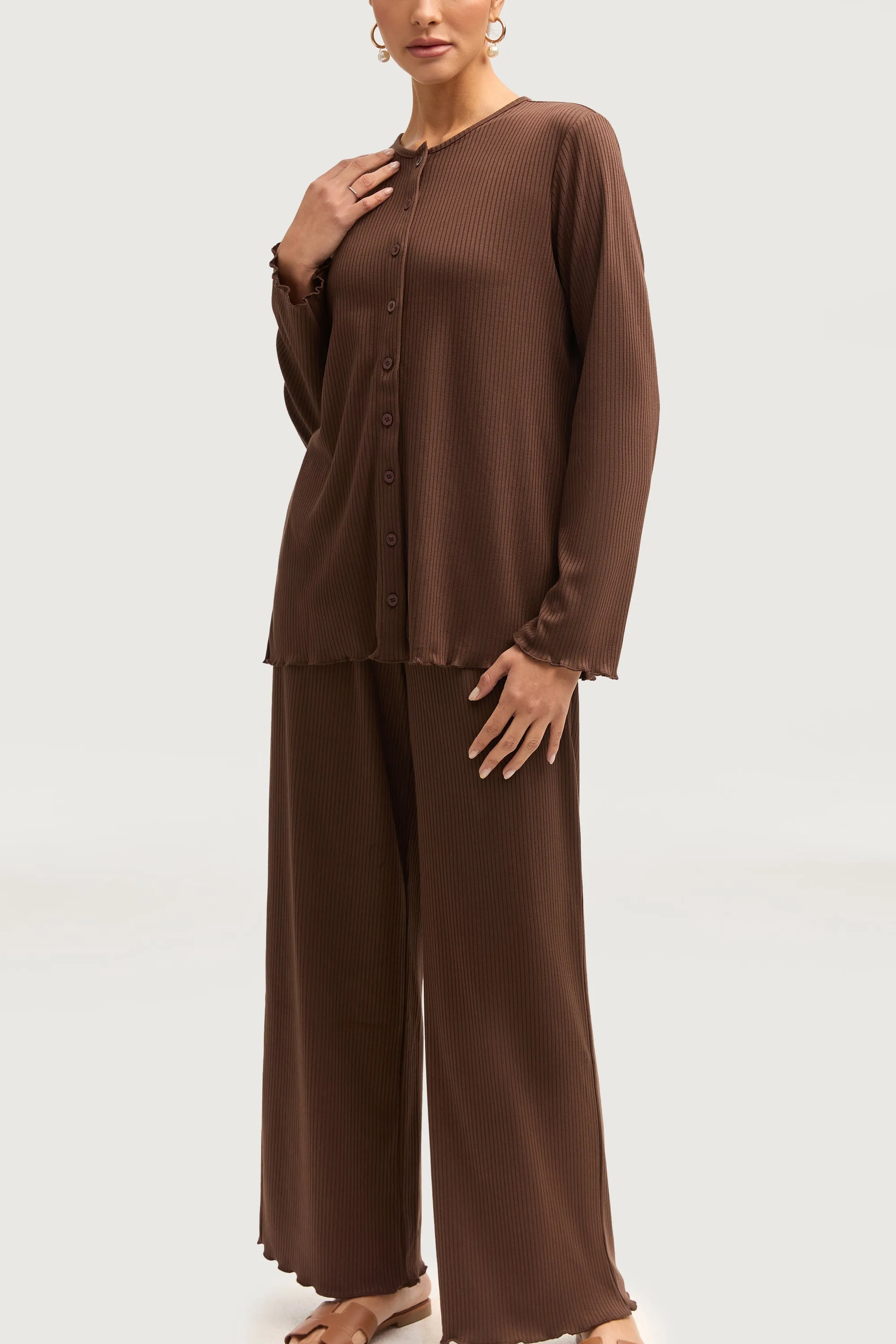 Naeema Ribbed Button Down Top & Pants Matching Set - Truffle