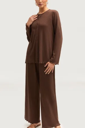 Naeema Ribbed Button Down Top & Pants Matching Set - Truffle