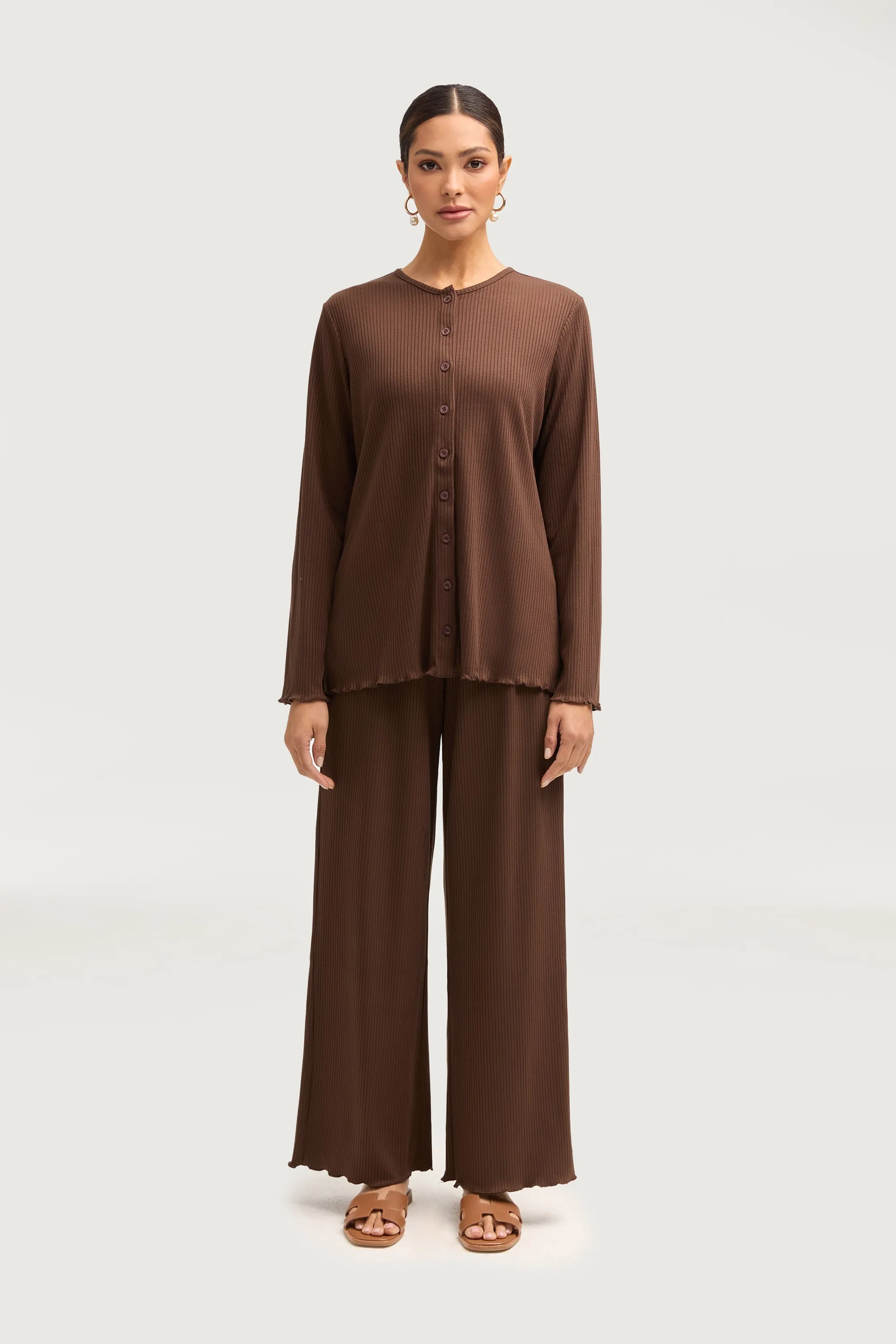 Naeema Ribbed Button Down Top & Pants Matching Set - Truffle