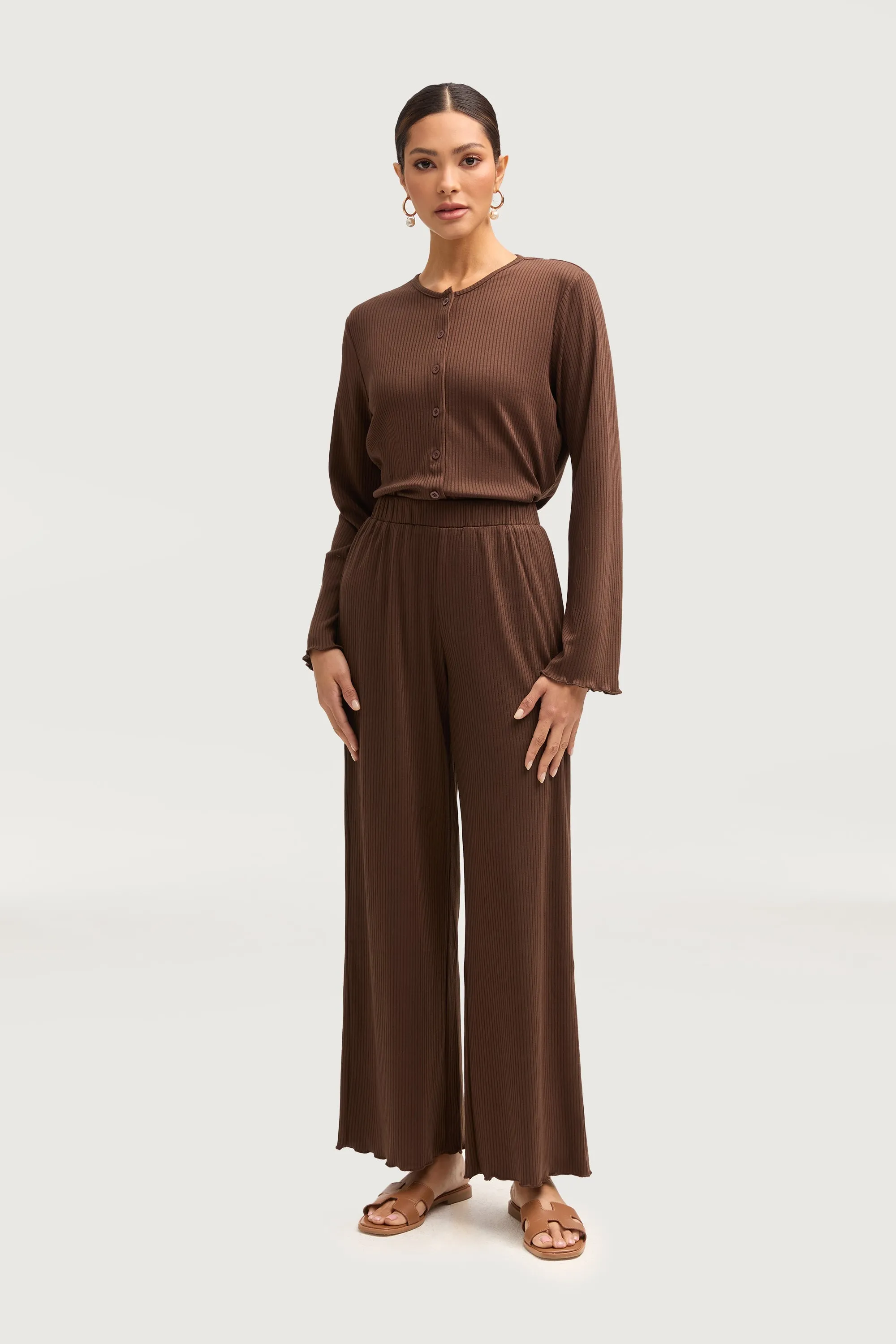 Naeema Ribbed Button Down Top & Pants Matching Set - Truffle