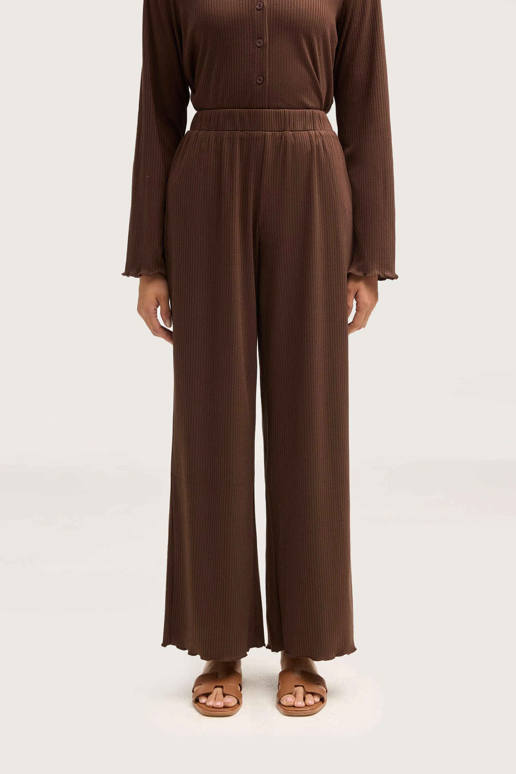 Naeema Ribbed Button Down Top & Pants Matching Set - Truffle