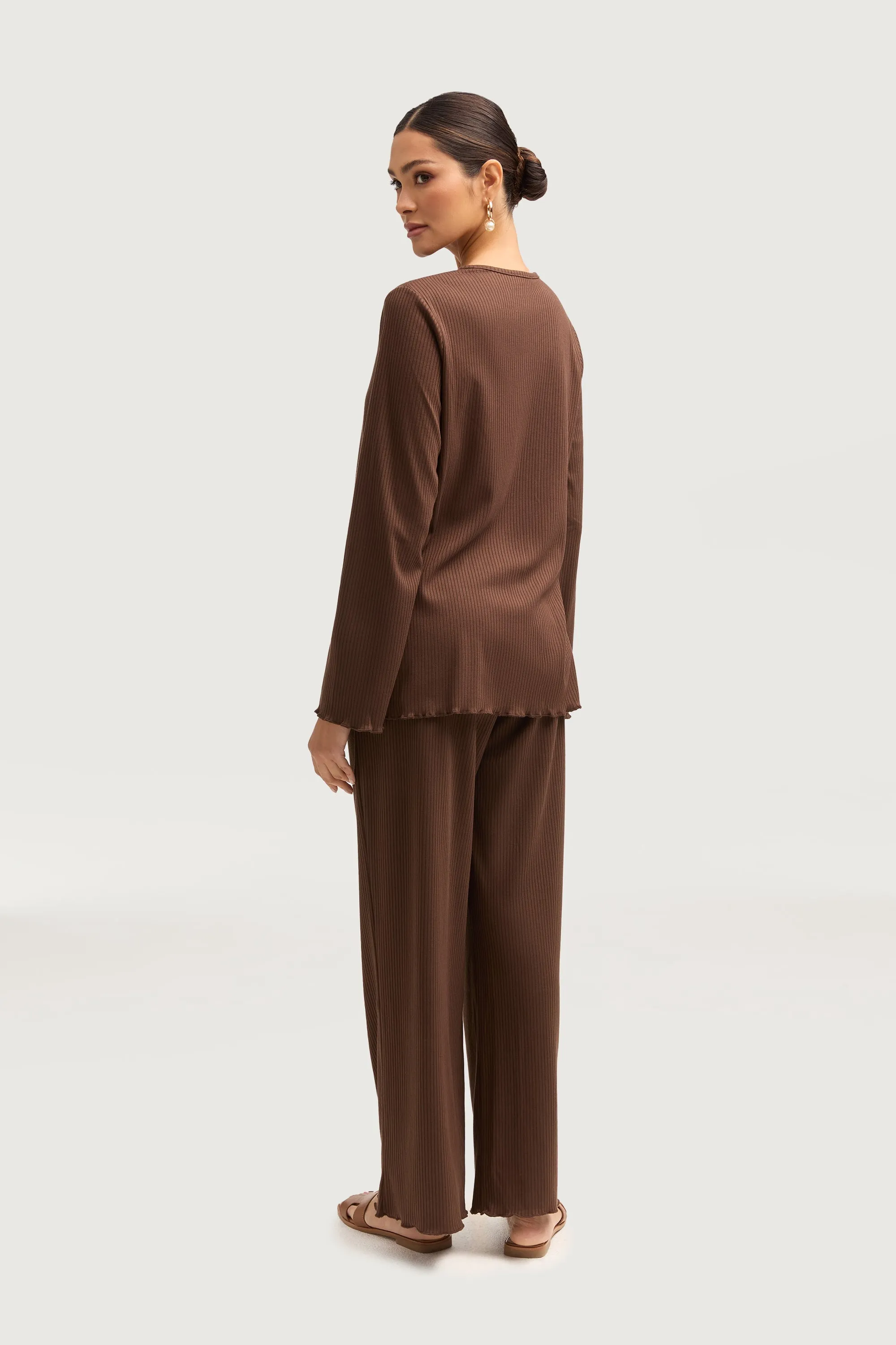 Naeema Ribbed Button Down Top & Pants Matching Set - Truffle