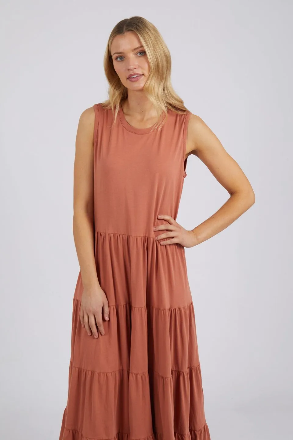 Nebraska Copper Sleeveless Tiered Jersey Midi Dress