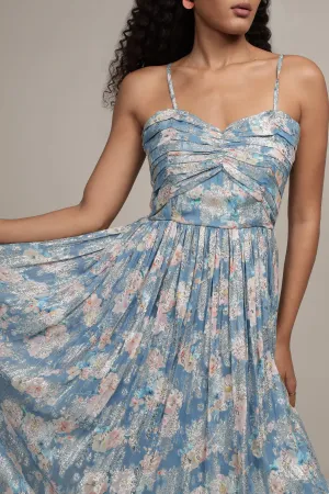 Nelex Metallic Printed Midi Dress in Blue