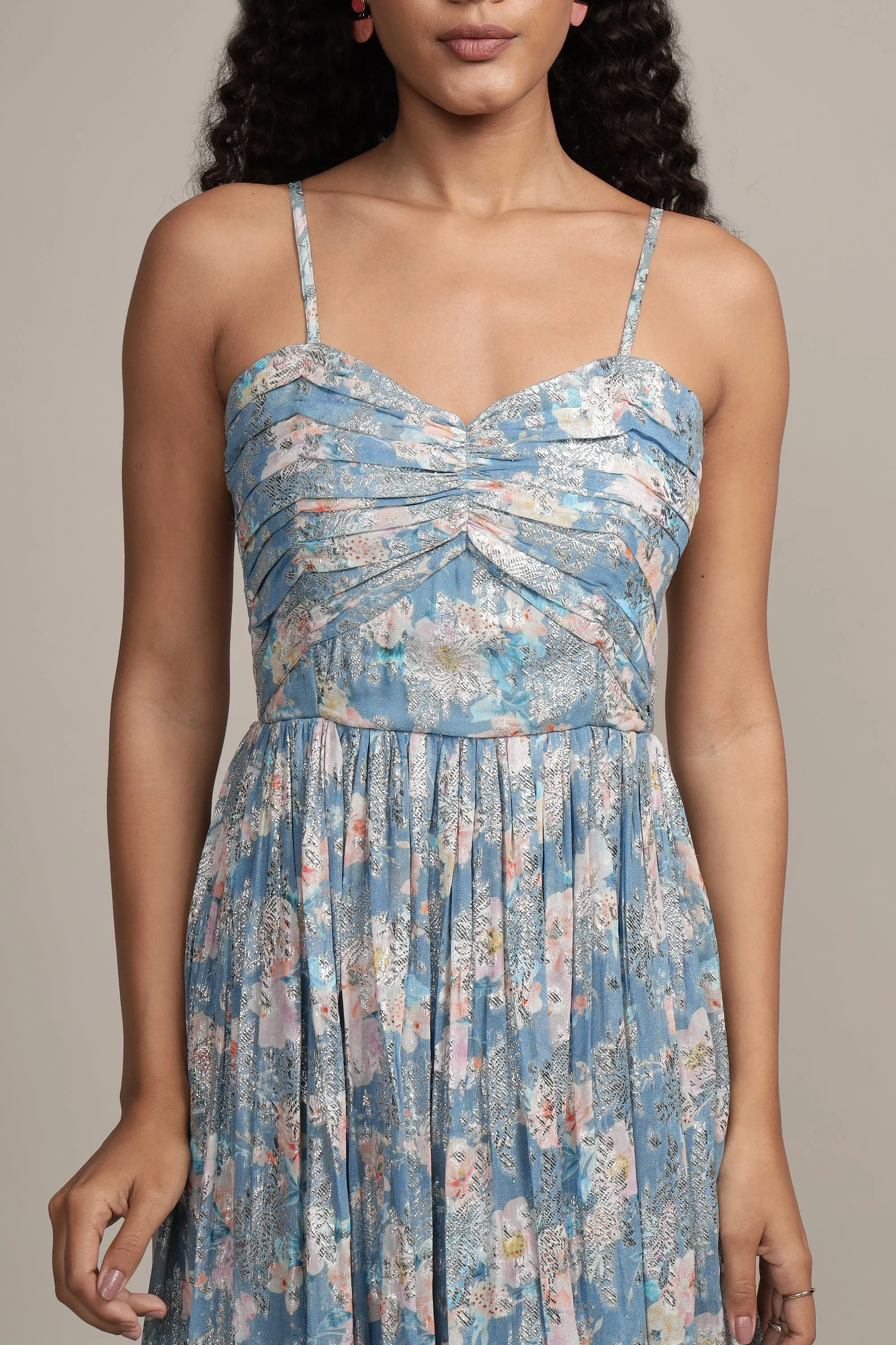 Nelex Metallic Printed Midi Dress in Blue