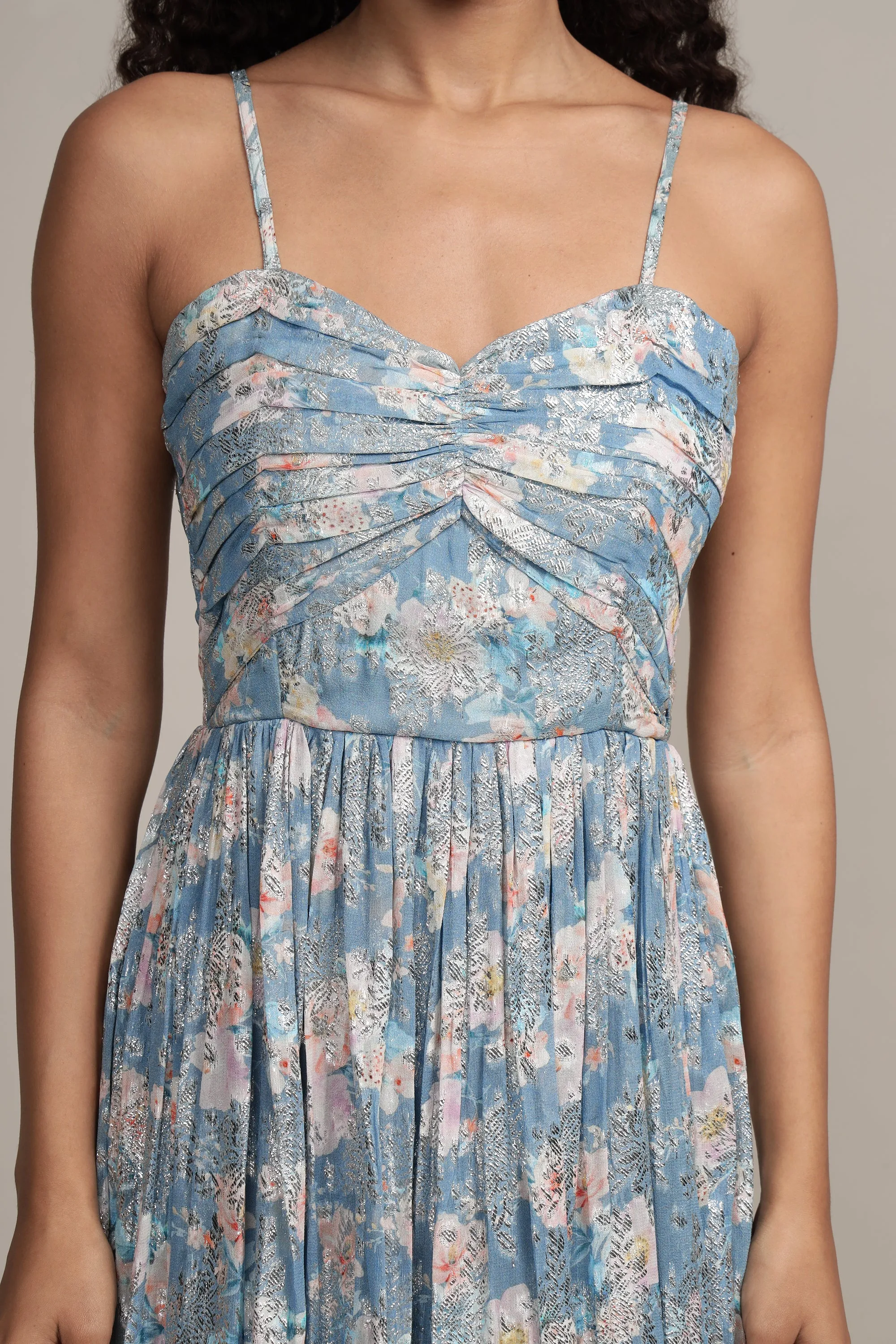Nelex Metallic Printed Midi Dress in Blue