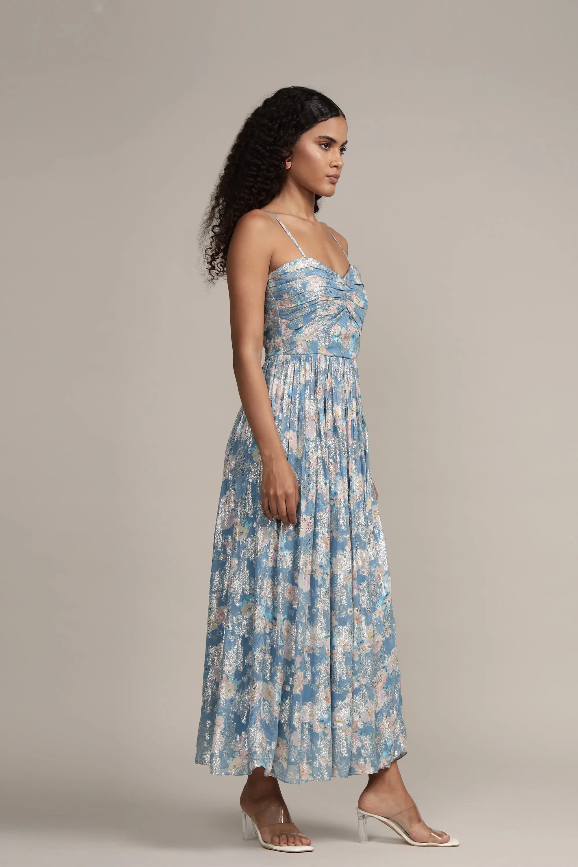 Nelex Metallic Printed Midi Dress in Blue