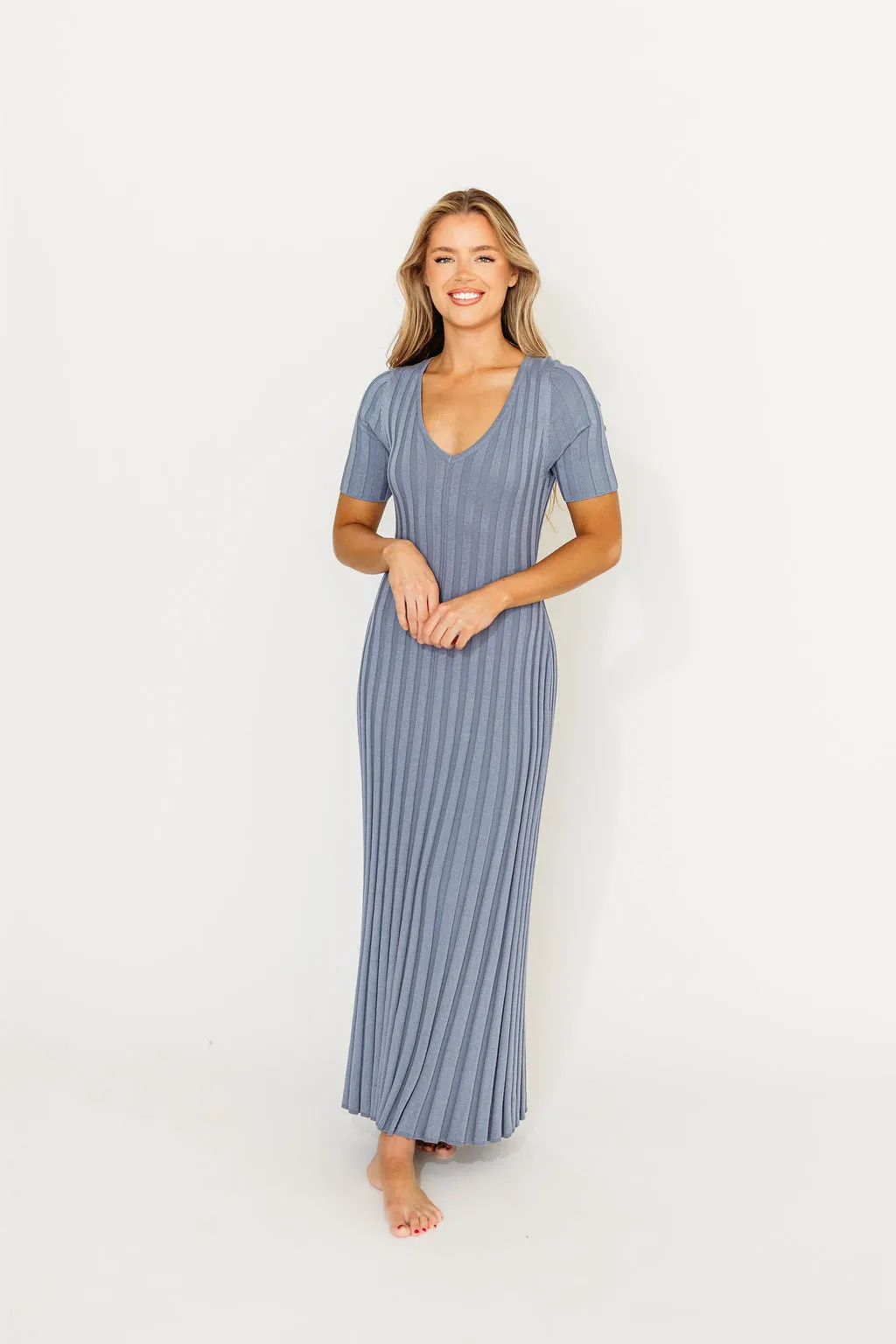Oakley Ribbed Maxi Dress in Dusty Blue - Bump Friendly