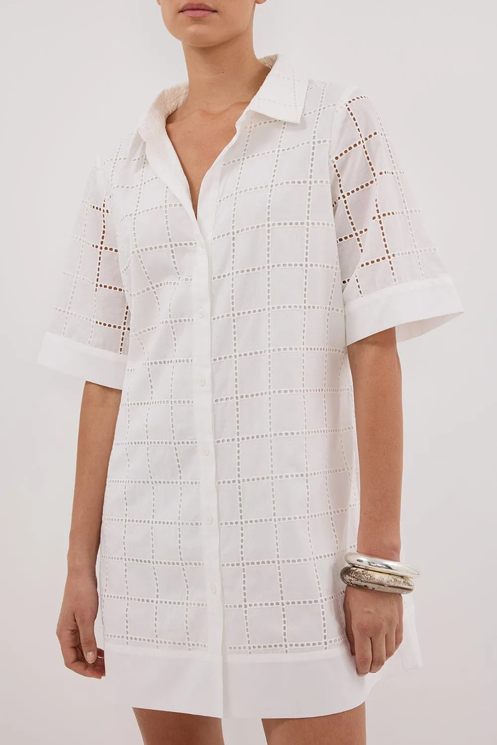 OWEN WHITE SLEEVED BRODERIE MINI DRESS