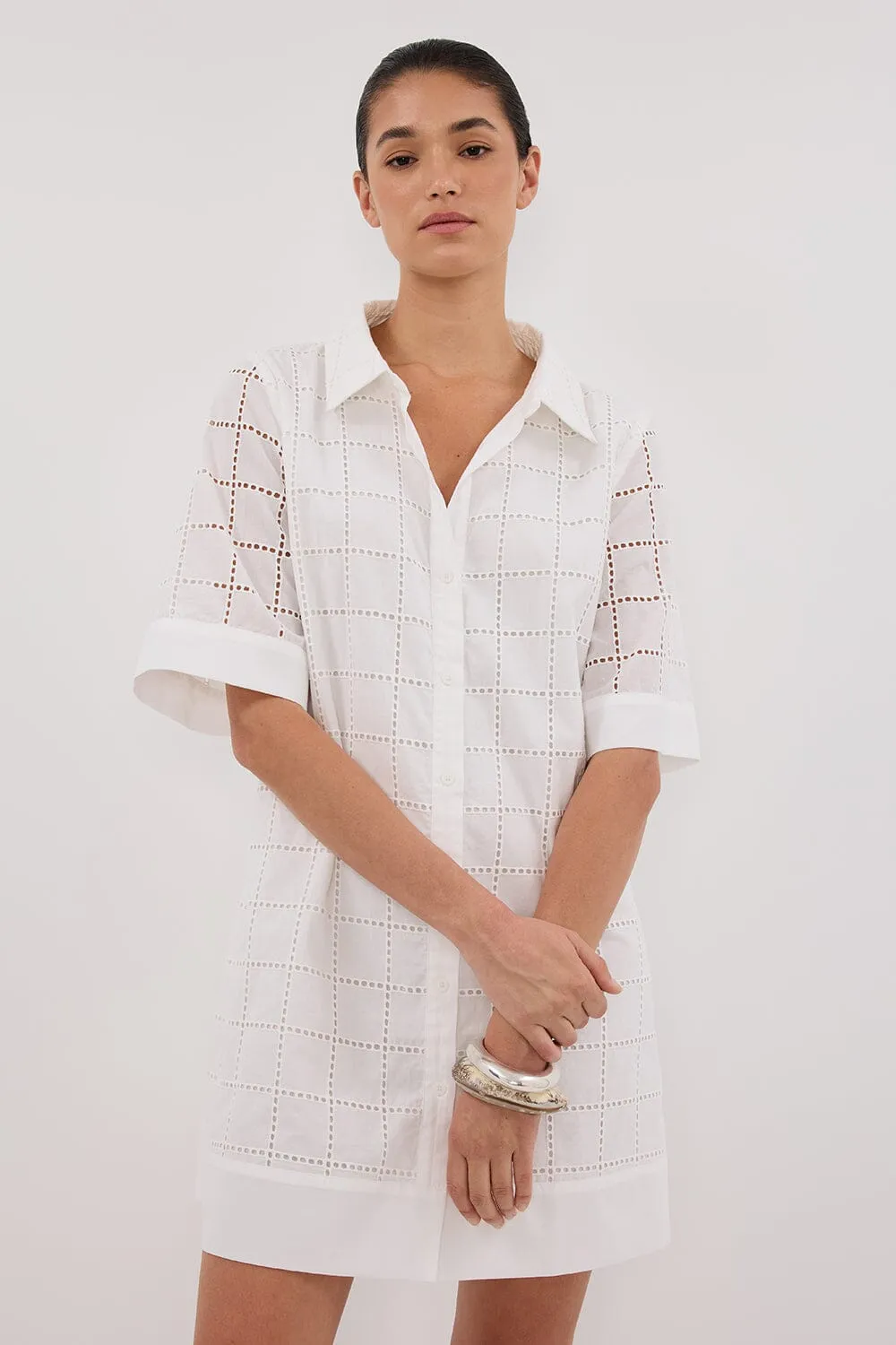 OWEN WHITE SLEEVED BRODERIE MINI DRESS