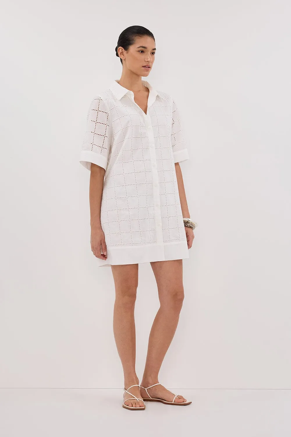 OWEN WHITE SLEEVED BRODERIE MINI DRESS