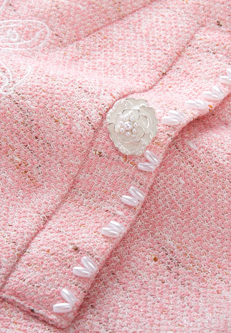 Pink Collar Belted Tweed Sleeveless Dress