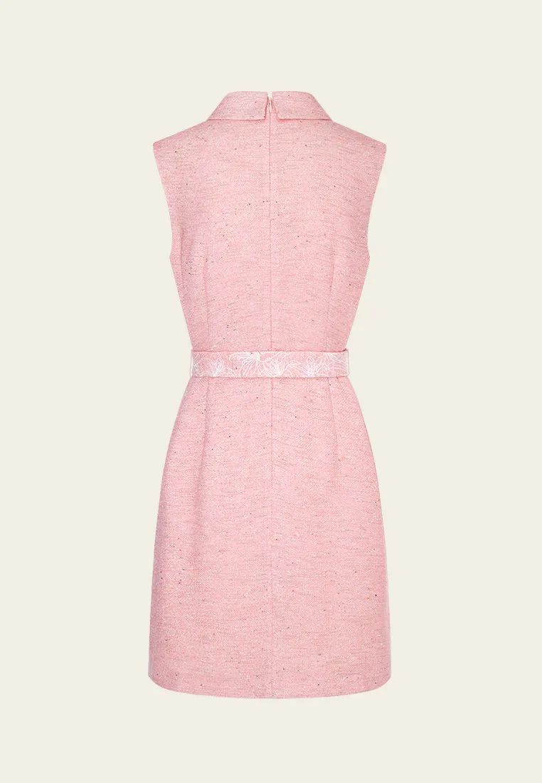 Pink Collar Belted Tweed Sleeveless Dress