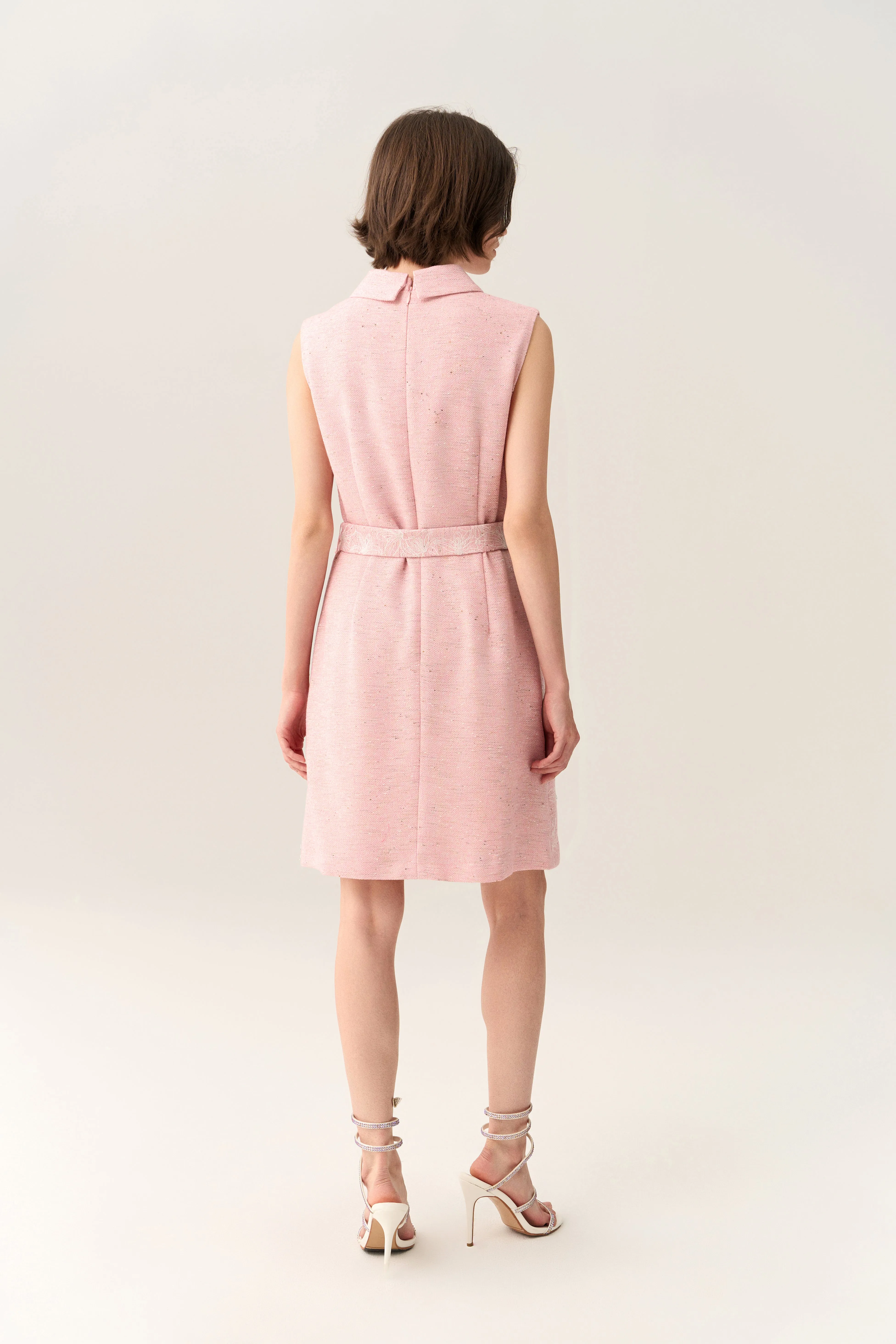 Pink Collar Belted Tweed Sleeveless Dress
