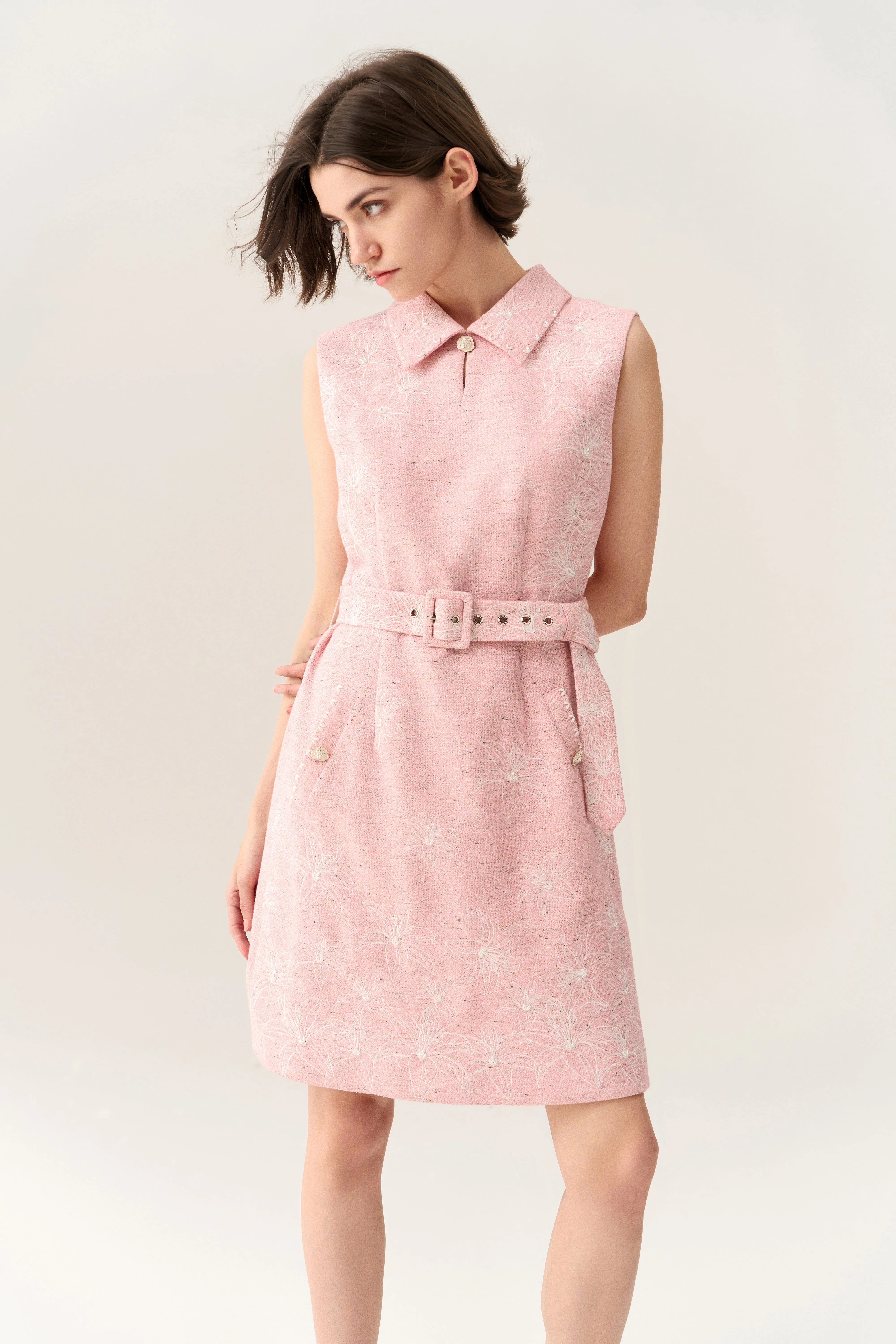 Pink Collar Belted Tweed Sleeveless Dress