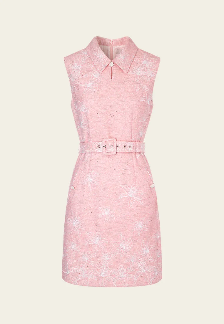 Pink Collar Belted Tweed Sleeveless Dress