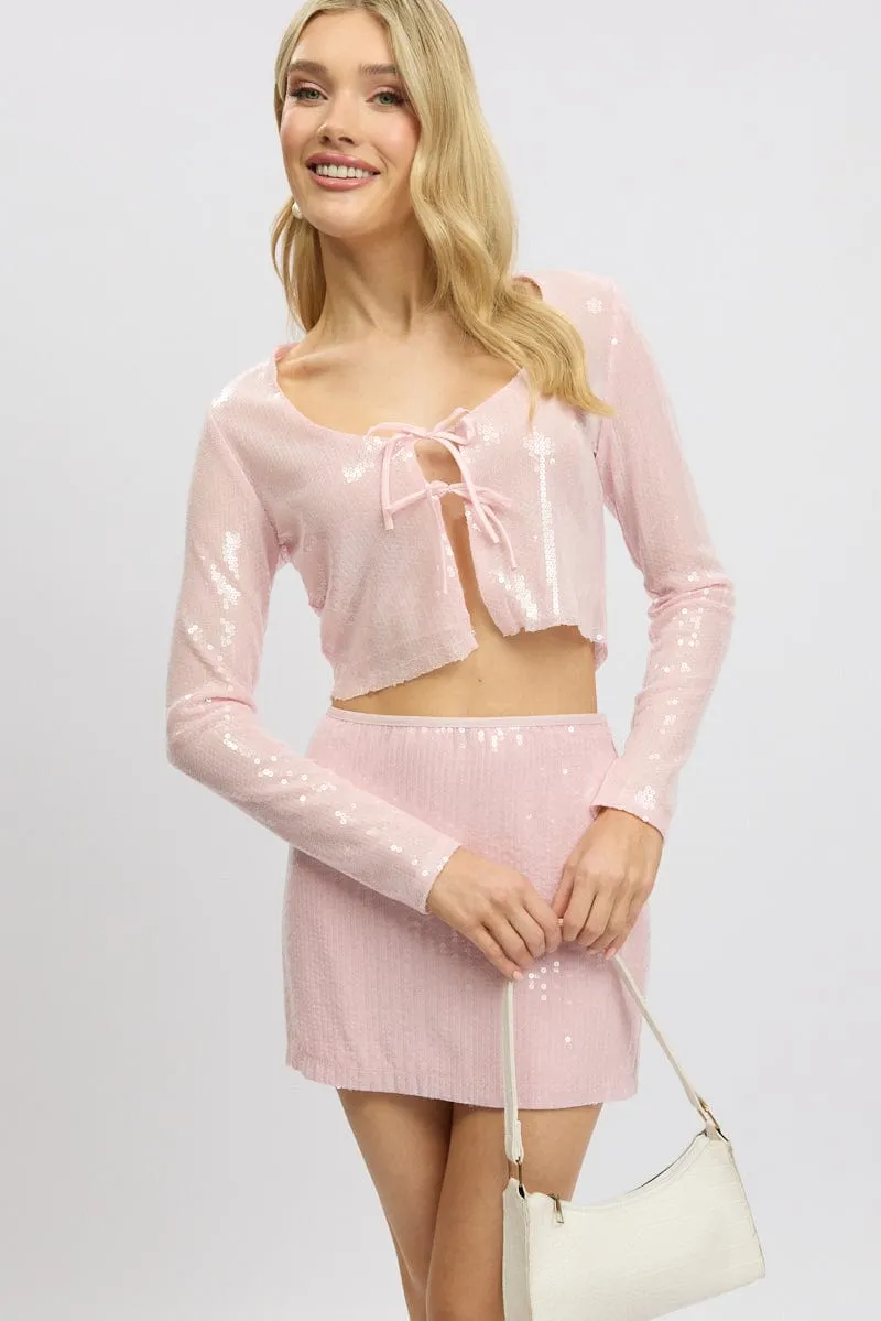 Pink Sequin Top Tie Up Front Long Sleeve