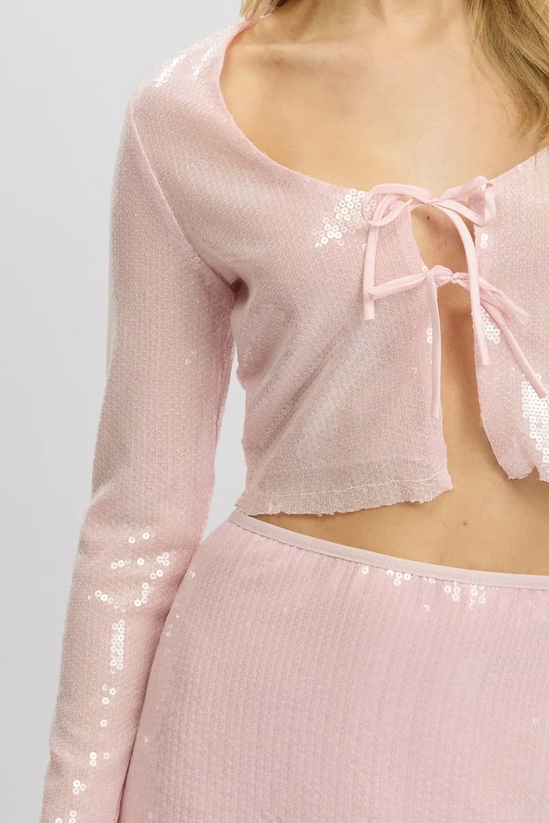 Pink Sequin Top Tie Up Front Long Sleeve
