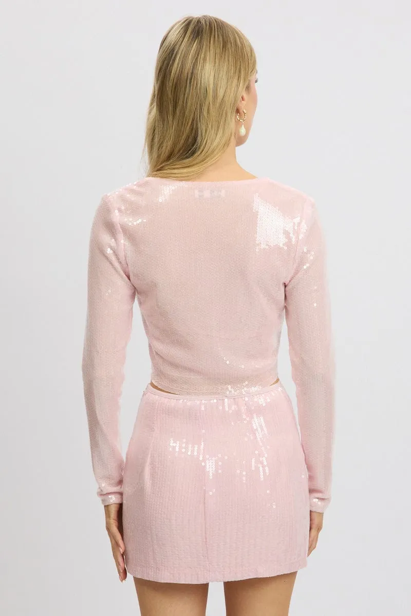 Pink Sequin Top Tie Up Front Long Sleeve