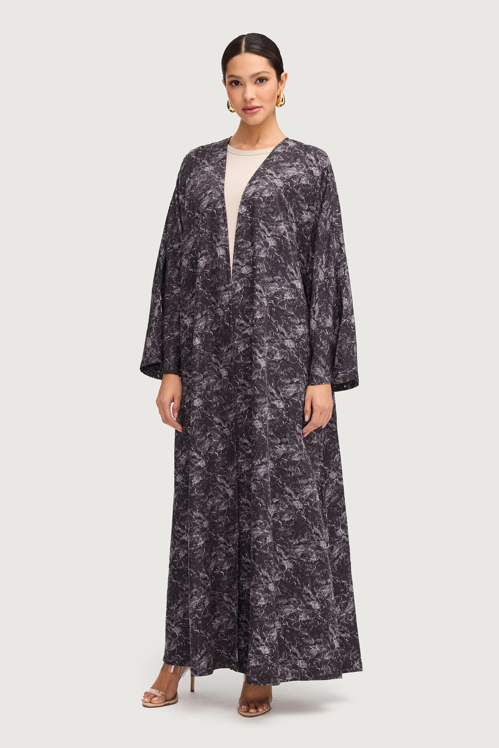 Printed Open Abaya - Black