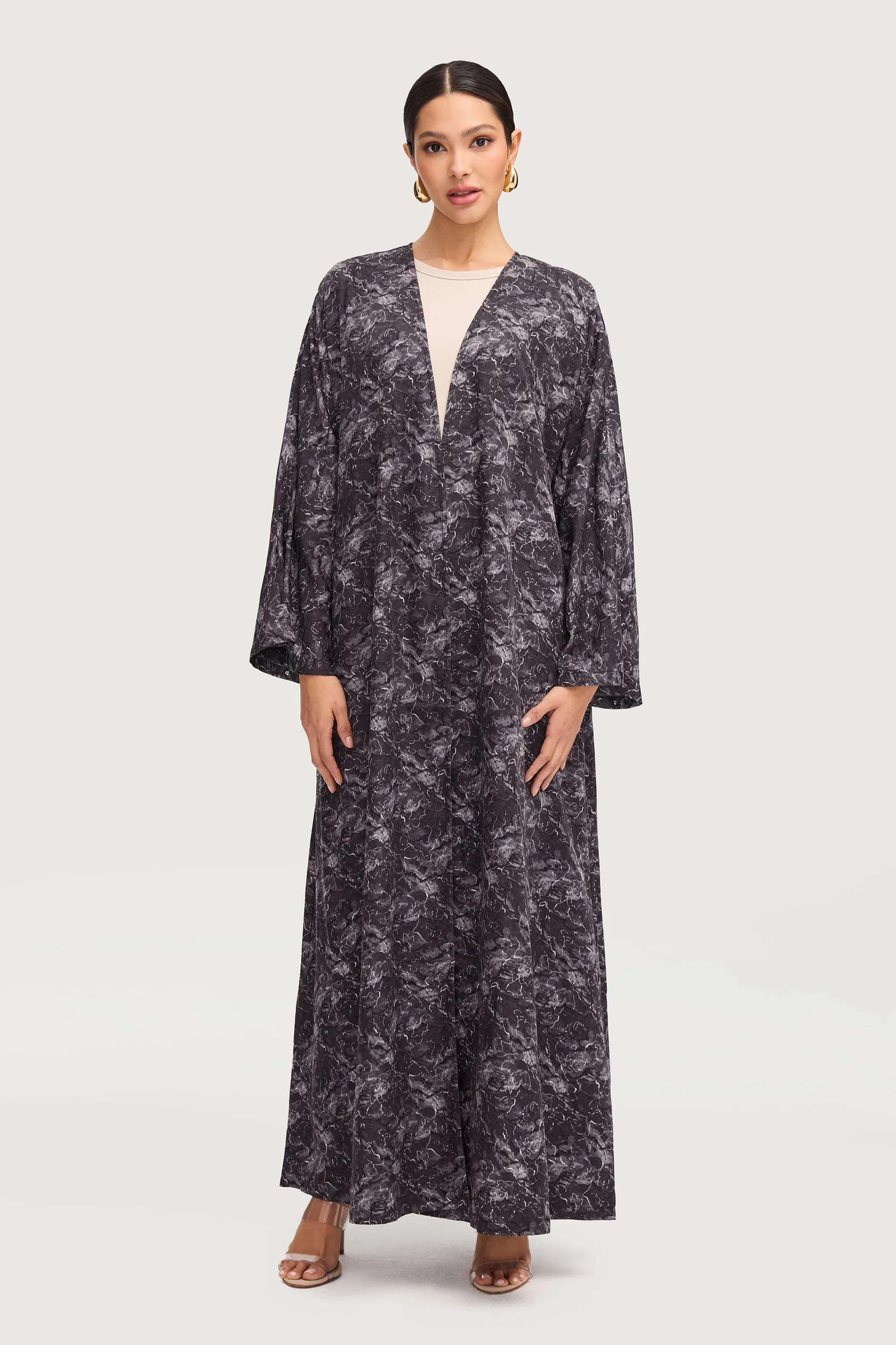 Printed Open Abaya - Black