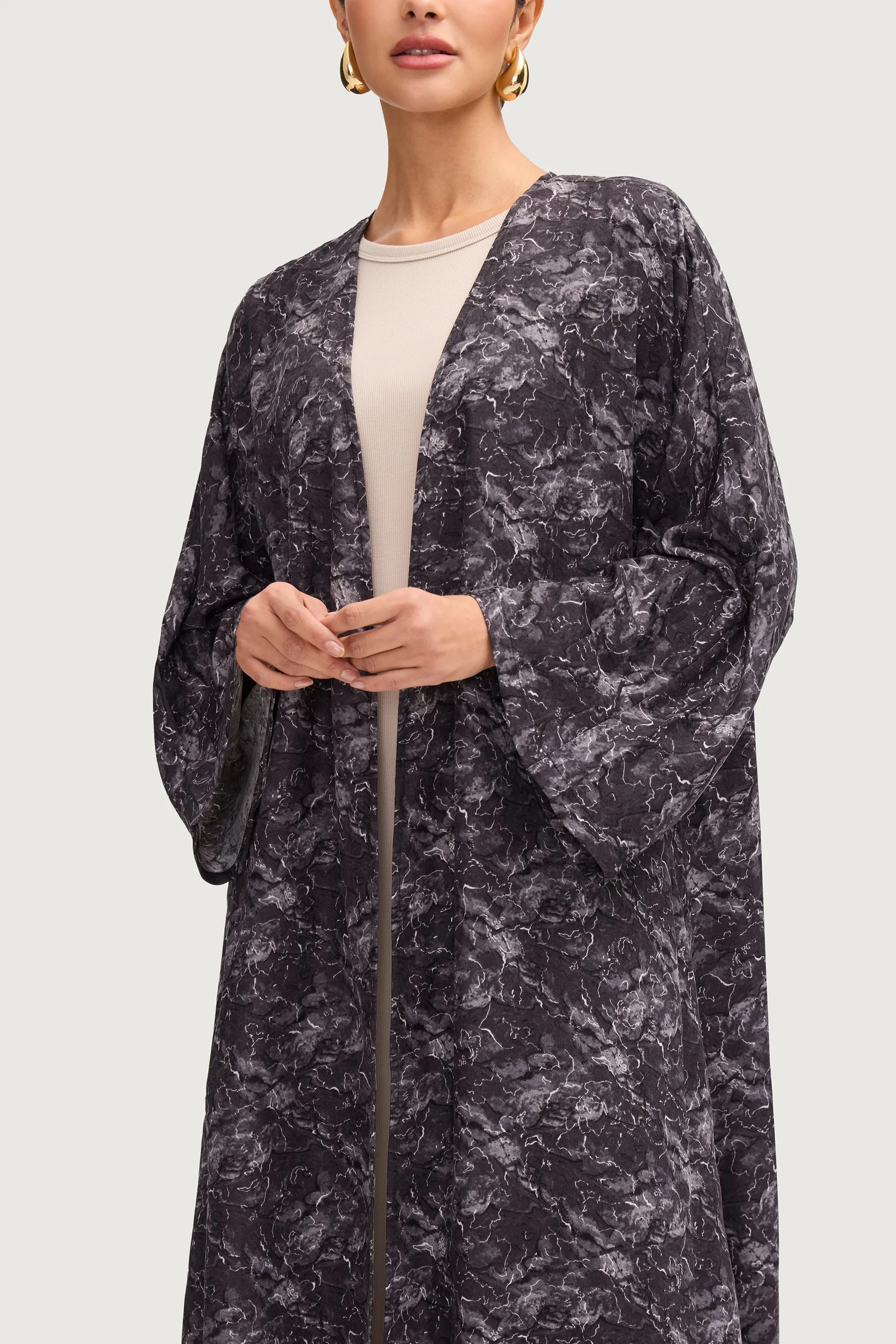 Printed Open Abaya - Black