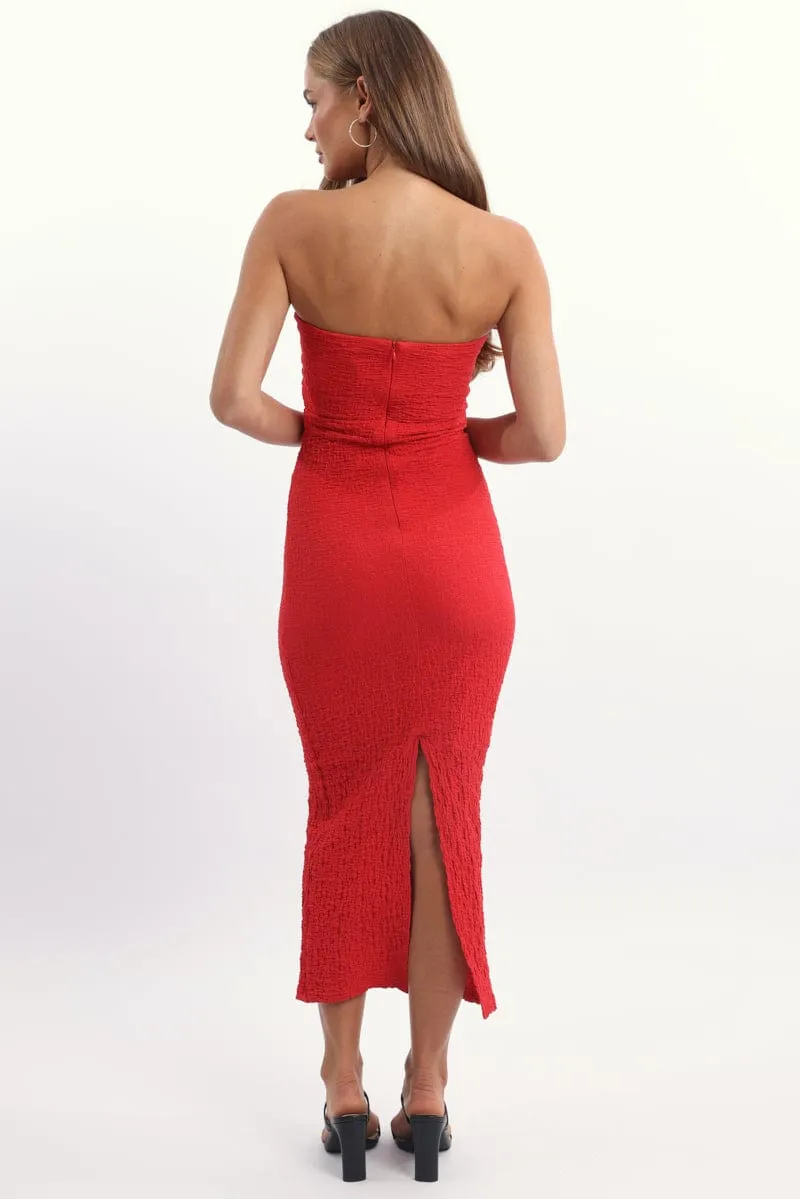 Red Bodycon Dress Boob Tube Textured Midi