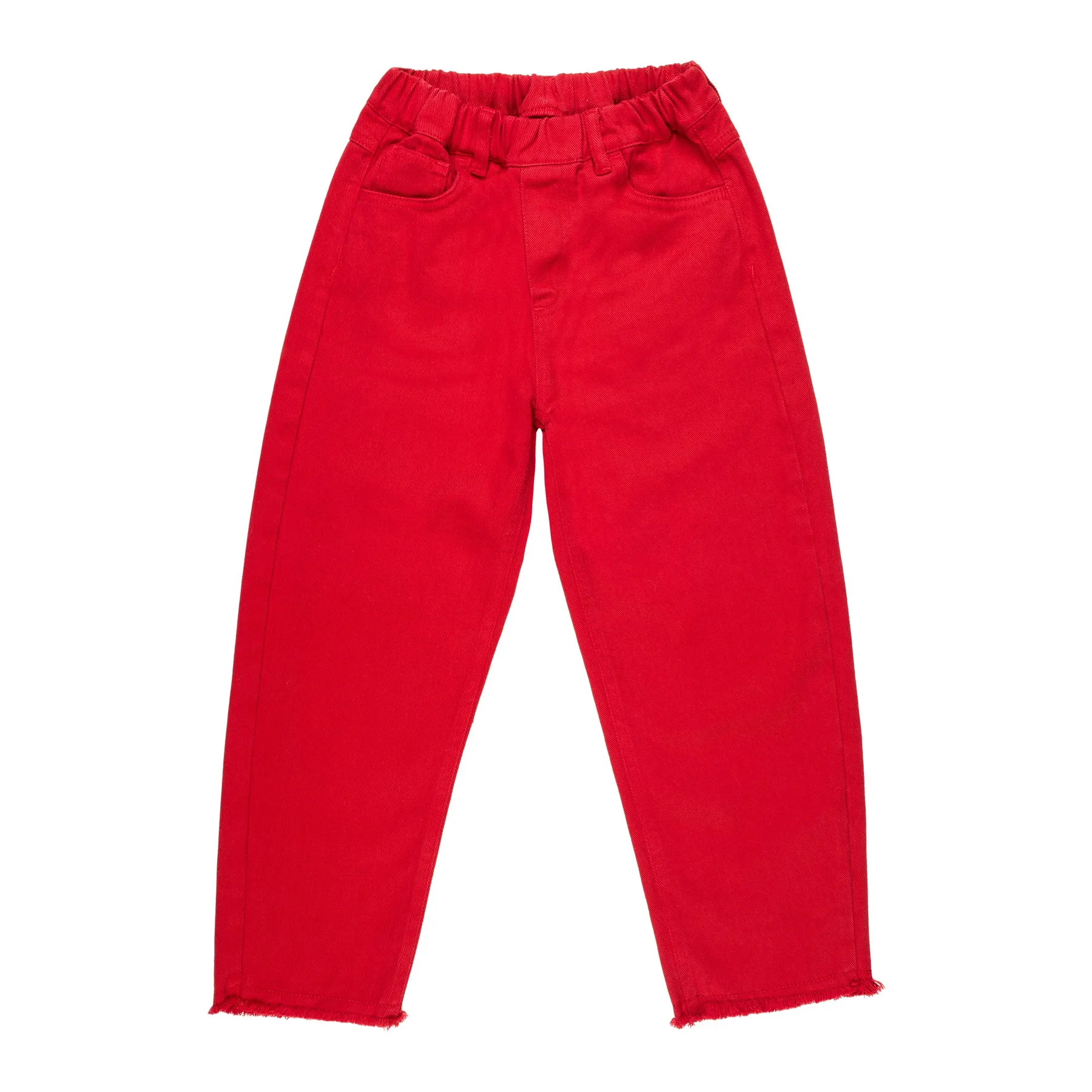 RED PULL ON BAGGY TROUSERS WITH FRAYED EDGES