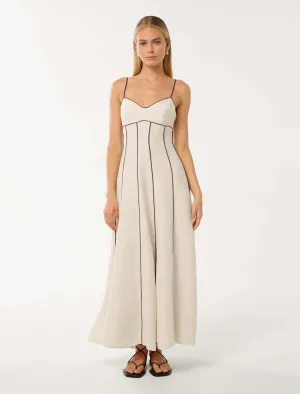 Roma Contrast Piping Linen Midi Dress