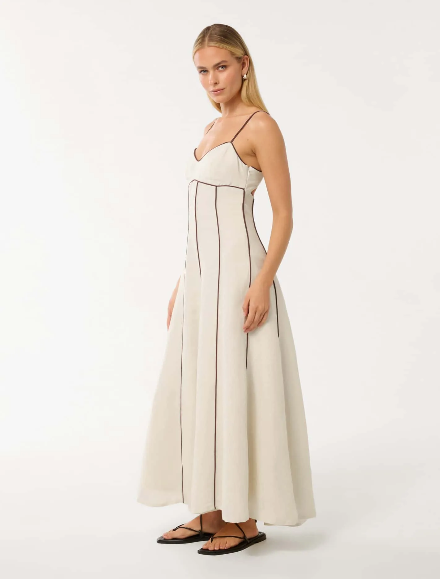 Roma Contrast Piping Linen Midi Dress