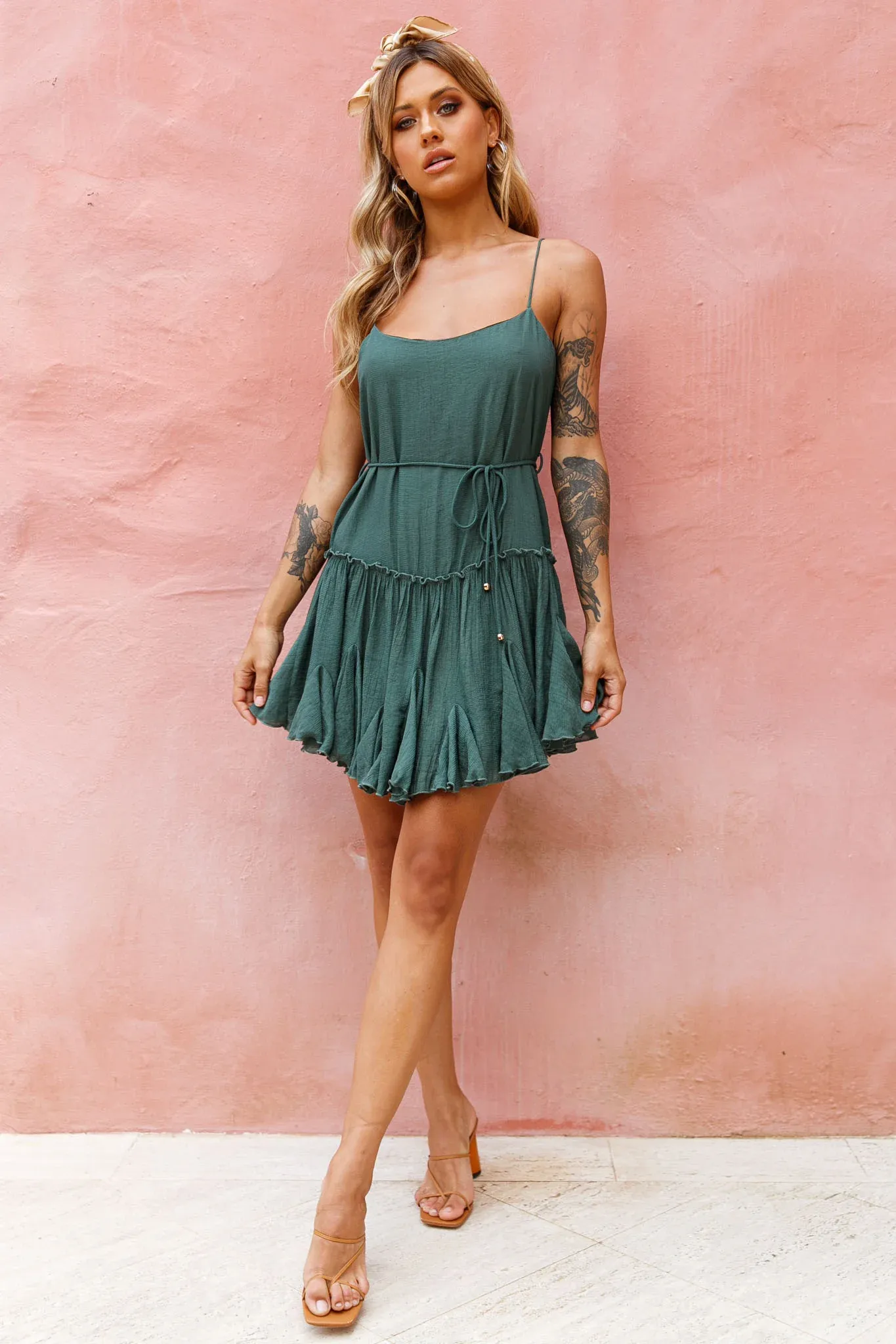 Rosabel Spaghetti Strap Fluted Hem Dress Green