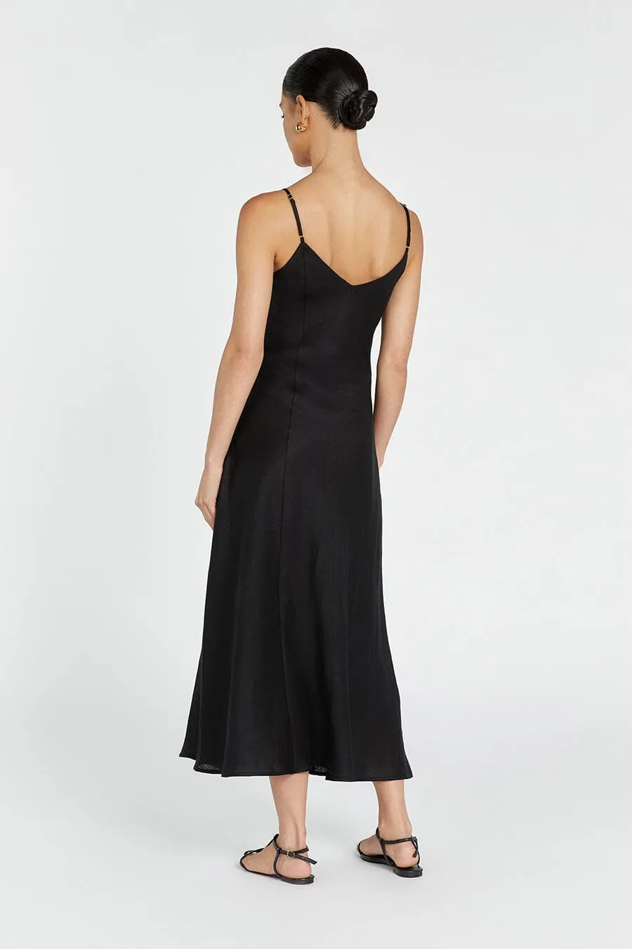 ROSETTE BLACK LINEN MAXI DRESS
