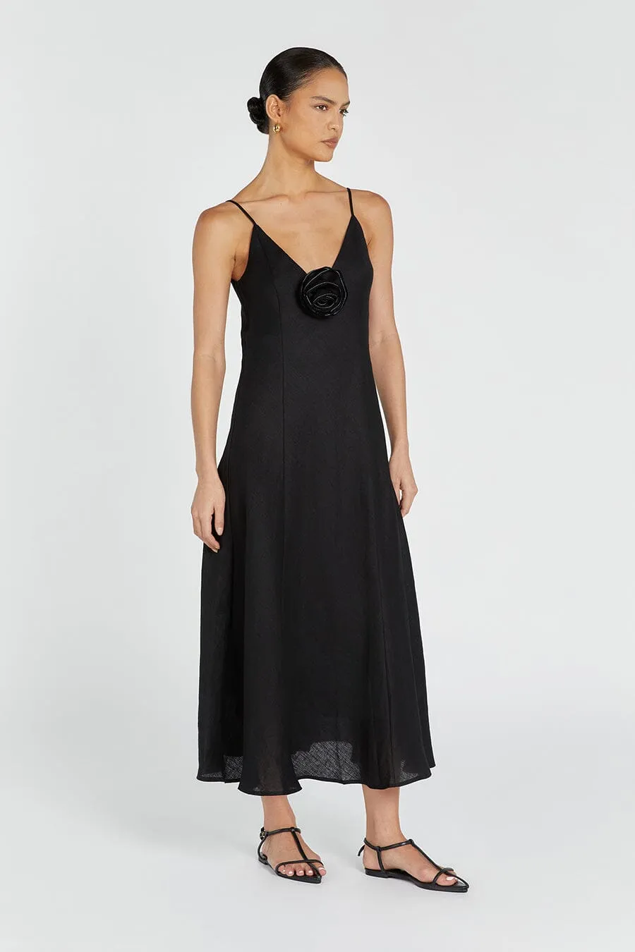 ROSETTE BLACK LINEN MAXI DRESS