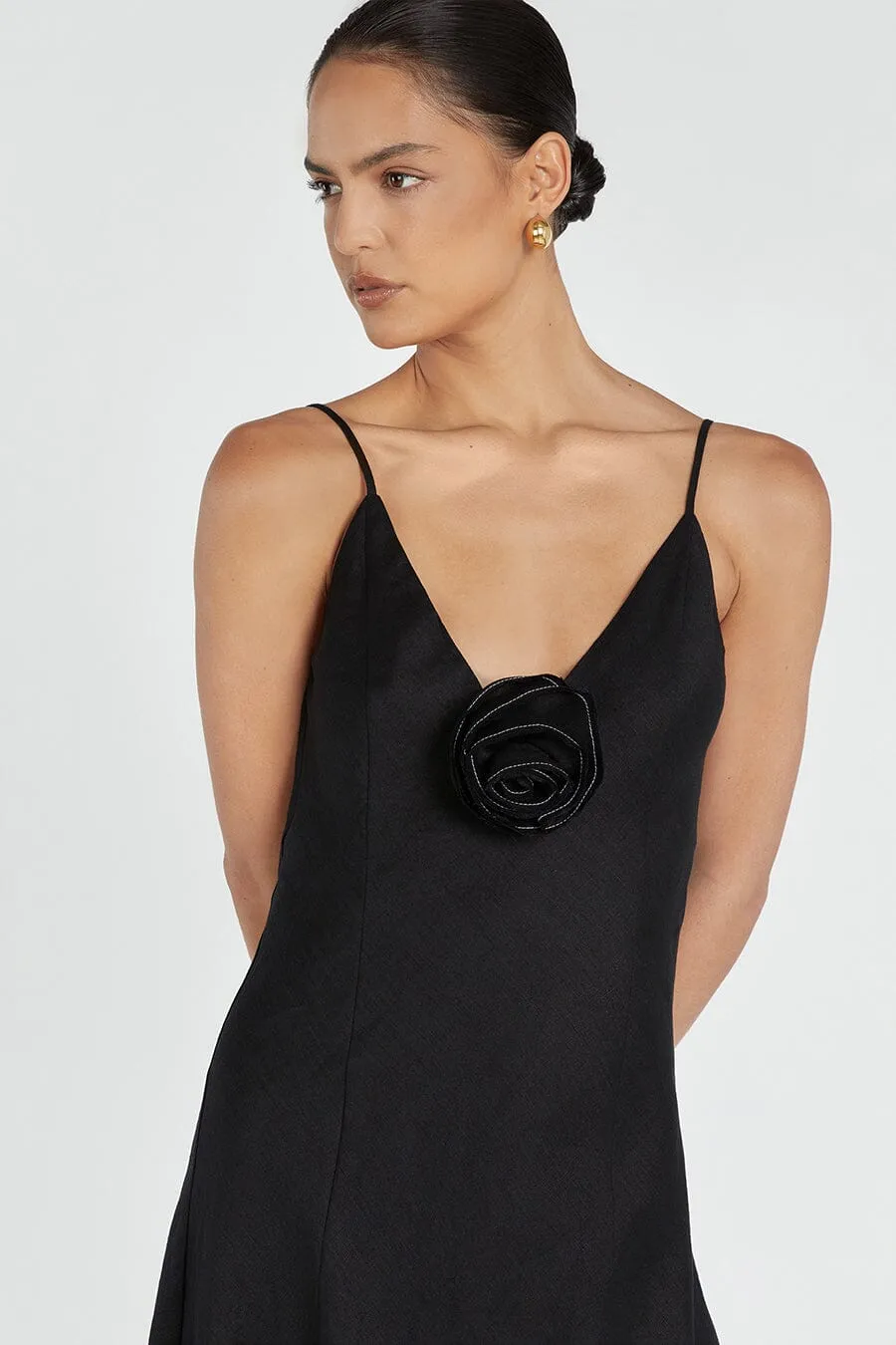 ROSETTE BLACK LINEN MAXI DRESS