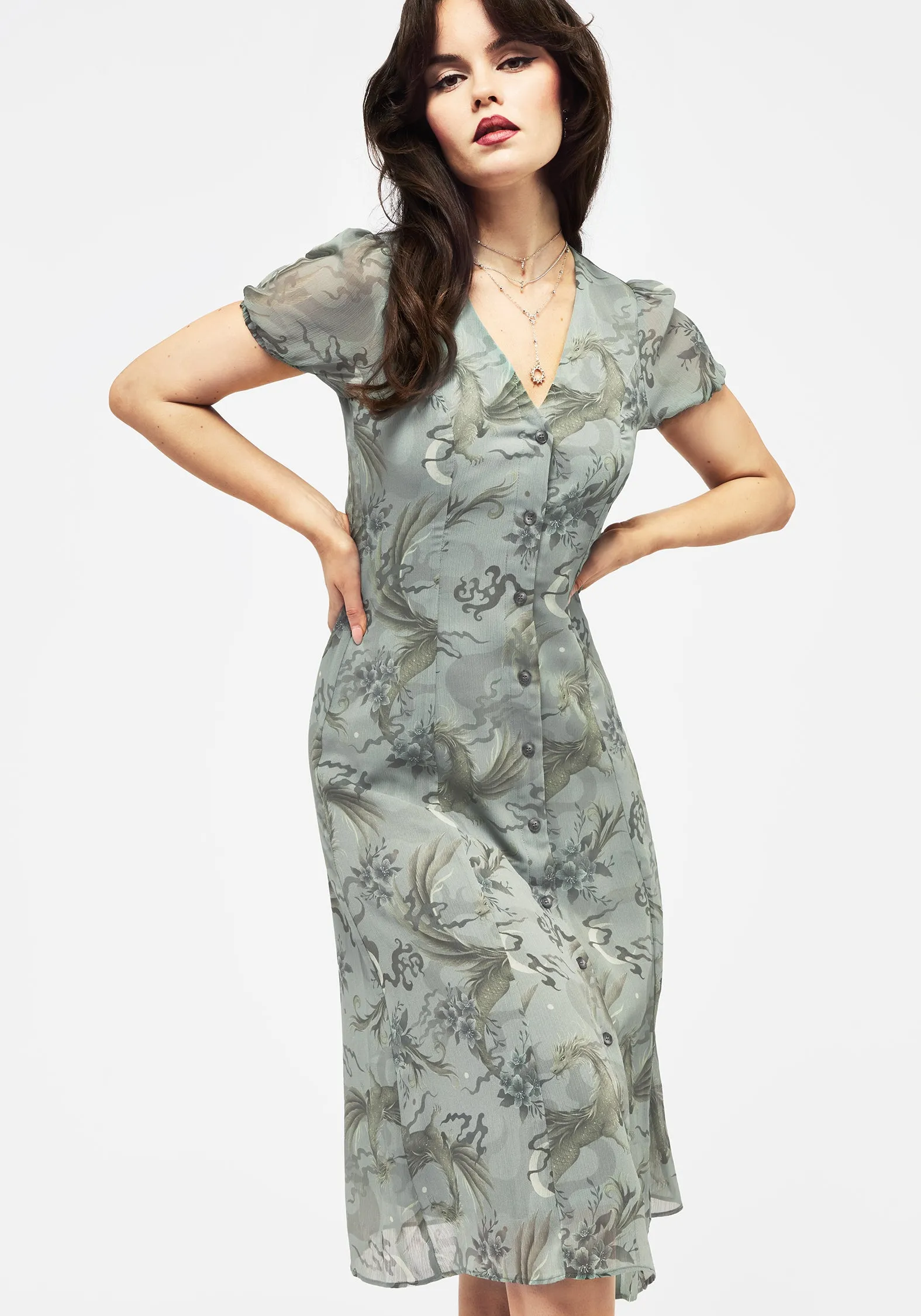 Sapphira Dragon Print Chiffon Button Up Midi Dress