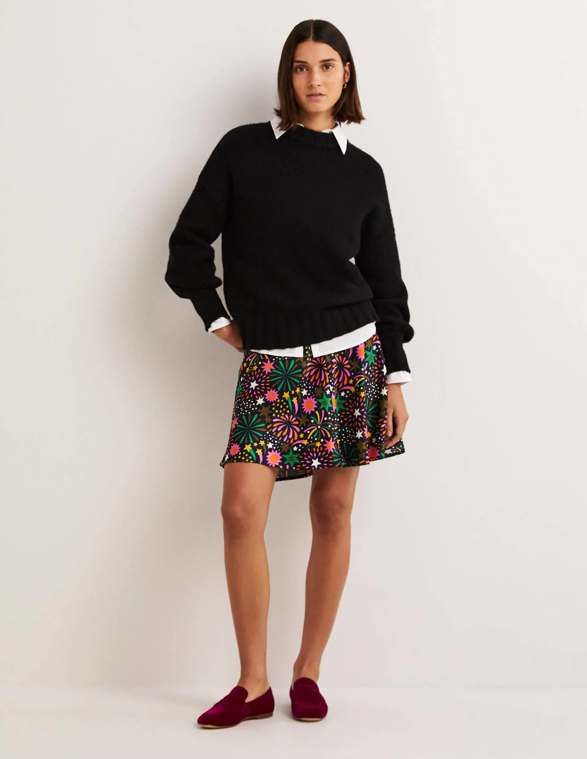 Satin Bias-cut Mini Skirt-Multi. Firework Bloom