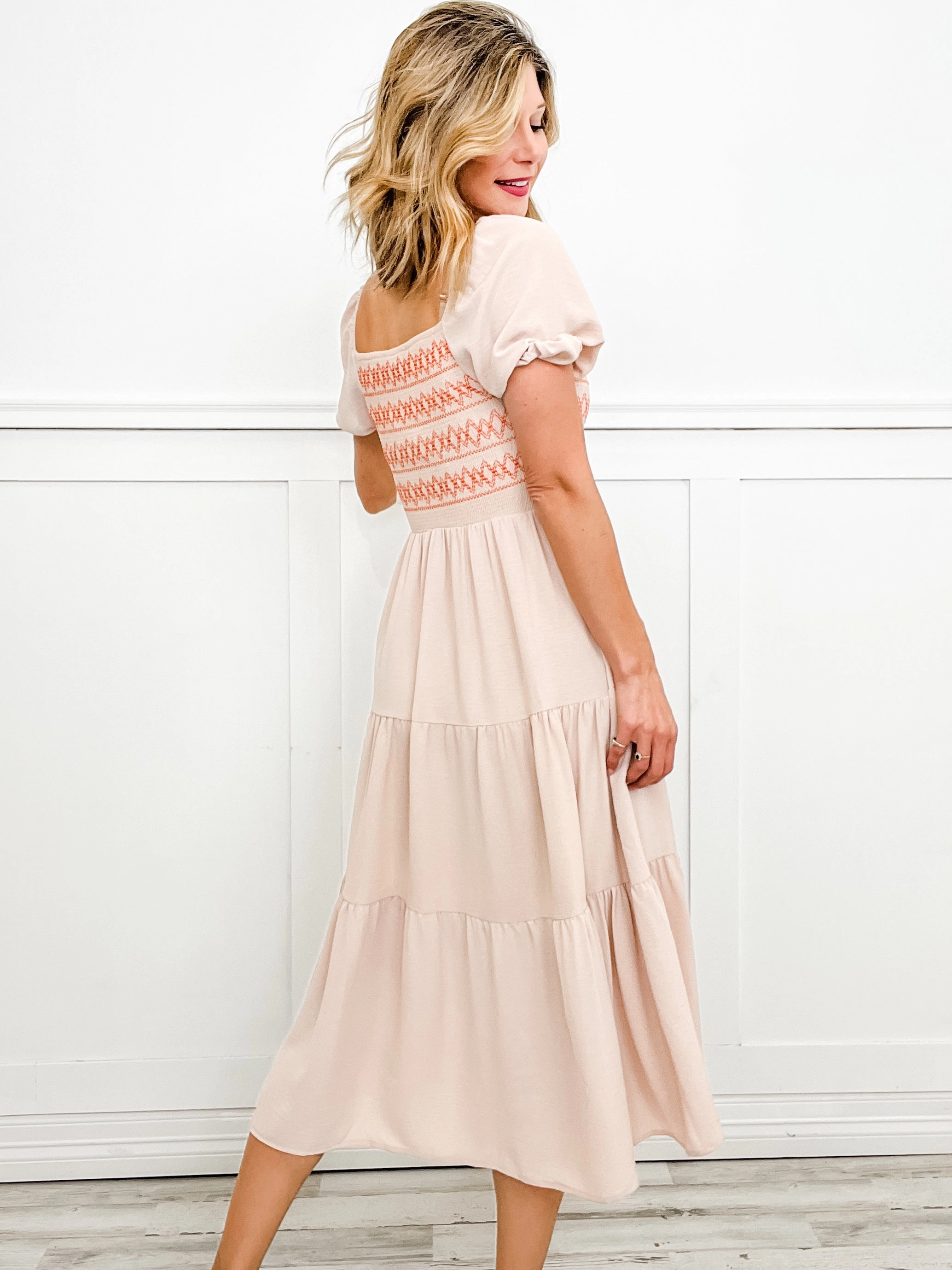 Simply Stated Short Sleeve Square Neck Smock Tiered Dress