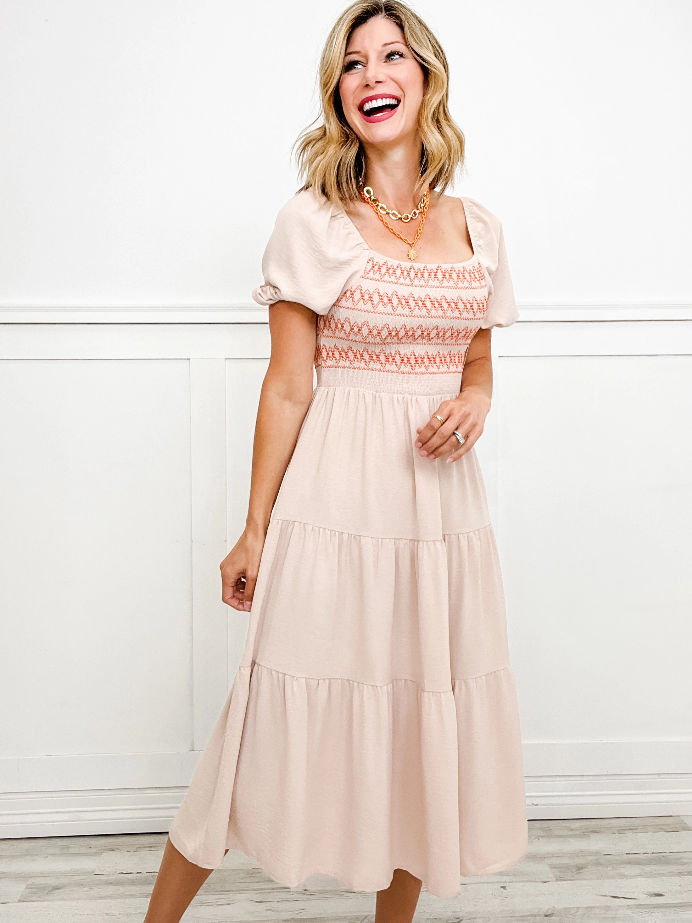 Simply Stated Short Sleeve Square Neck Smock Tiered Dress