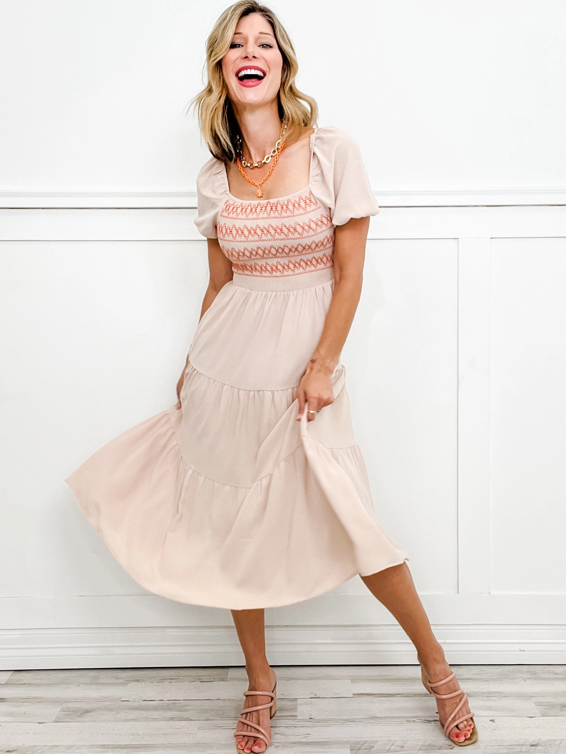 Simply Stated Short Sleeve Square Neck Smock Tiered Dress